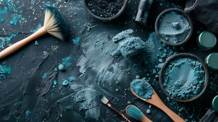 A variety of blue cosmetics and makeup brushes scattered on a dark textured surface, creating an artistic and creative display.の素材