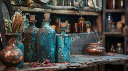 A collection of vintage bottles and decor items arranged in a rustic, antique setting with a warm ambiance.の素材