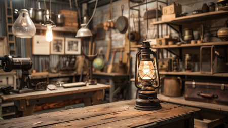 Cozy vintage workshop filled with antique lanterns, tools, and rustic decor, creating a nostalgic atmosphere.の素材