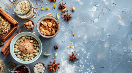 Top view of assorted spices and ingredients like star anise, cardamom, and cinnamon arranged on a rustic, textured background.の素材