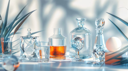 Elegant crystal glassware filled with orange liquid, arranged in a modern setting with soft lighting and decorative elements.の素材