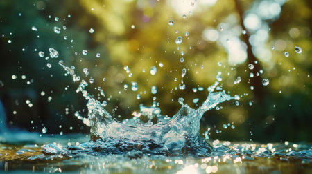 High-speed close-up of water splash with droplets captured in mid-air against a bokeh background.の素材