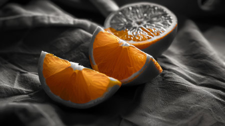 Artistic selective color photograph of orange slices on a textured fabric background, highlighting their vibrant hue against a monochrome backdrop.の素材