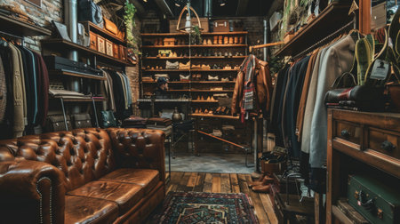 A cozy vintage store filled with clothing, leather goods, and accessories displayed on wooden shelves and hangers.の素材