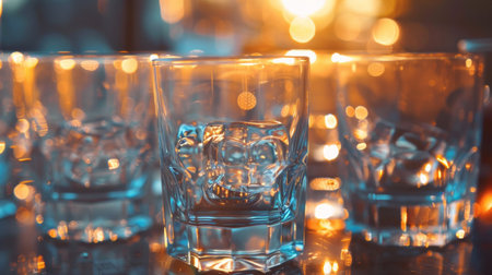 Close-up of empty glasses with ice cubes against a warm, glowing background.の素材