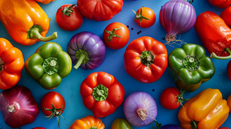 A vibrant assortment of fresh vegetables including bell peppers, tomatoes, and onions on a blue background.の素材