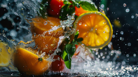 Dynamic shot of fresh citrus fruits and herbs splashing in water, capturing motion and freshness.の素材