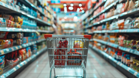 Shopping cart filled with groceries in the aisle of a supermarket.の素材
