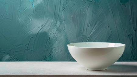 A minimalist white bowl placed on a textured surface with a teal background.の素材