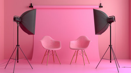 A pair of pink chairs set up in a professional photography studio with pink backdrop.の素材