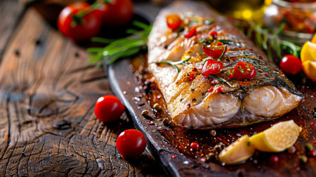 A delicious grilled fish served with vegetables and herbs on a wooden platter.の素材