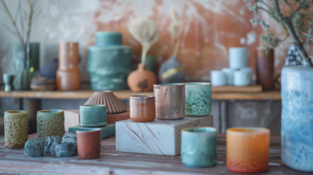 A variety of artisanal ceramic vases and decorative objects displayed in a stylish setting.の素材