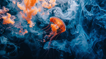 Colorful jellyfish in an underwater scene with vibrant hues and fluid motion. Ideal for nature and marine life themes.の素材