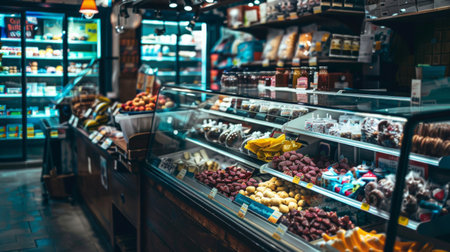 Interior of a grocery store with fresh produce on display. Perfect for food, shopping, and retail themes.の素材