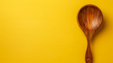 Wooden ladle on a bright yellow background. Perfect for kitchen, cooking, and culinary themes.の写真素材
