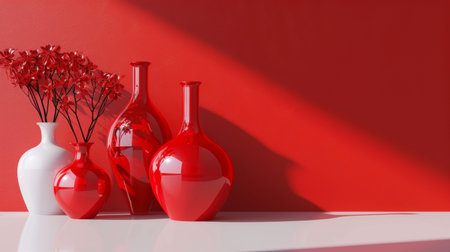 Red and white vases with flowers on a red background. Perfect for home decor, floral, and minimalist...