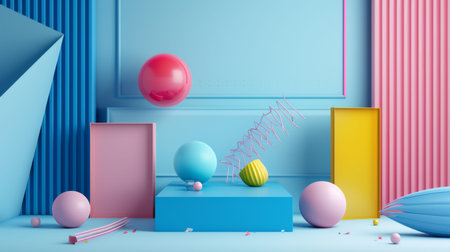 Abstract colorful geometric art installation with various shapes. Ideal for modern art, design, and...