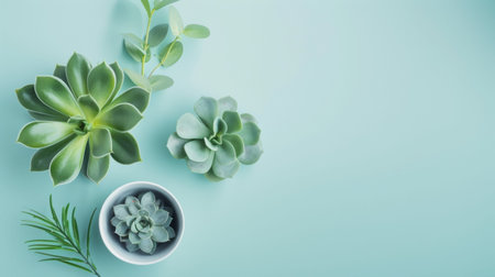 Minimalist arrangement of succulents on a blue background. Ideal for nature, home decor, and...