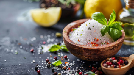A bowl of gourmet sea salt with fresh herbs and spices. Ideal for culinary, cooking, and food...