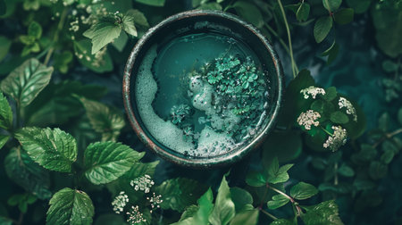 A vintage pot with water plants in a lush garden setting. Ideal for nature, gardening, and vintage themes.の写真素材