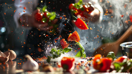 A dynamic cooking scene with vegetables flying in mid-air. Ideal for culinary, cooking, and food...