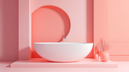 A minimalist modern bathroom design in shades of pink. Ideal for interior design, home decor, and modern lifestyle themes.の写真素材