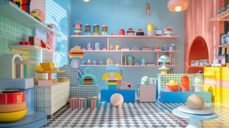 A vibrant and playful kitchen interior with colorful decor. Perfect for home decor, interior design, and playful themes.の写真素材