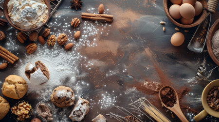 Top view of baking ingredients and pastries on a rustic surface. Perfect for baking, food, and...