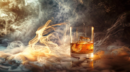 Glass of whiskey with ice cubes surrounded by smoke. Ideal for whiskey, drink, and elegant themes.の写真素材