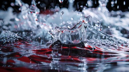 Abstract close-up of water splash with red light highlights. Ideal for themes of motion, fluidity, and energy.の写真素材