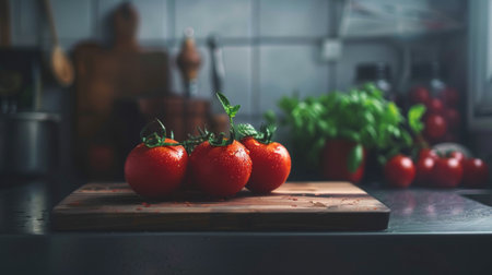 Close-up of fresh tomatoes on a cutting board in a kitchen. Ideal for themes of cooking, fresh produce, and healthy eating.の写真素材