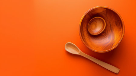 A set of wooden bowls and a spoon arranged on an orange background in a minimalist style.の素材