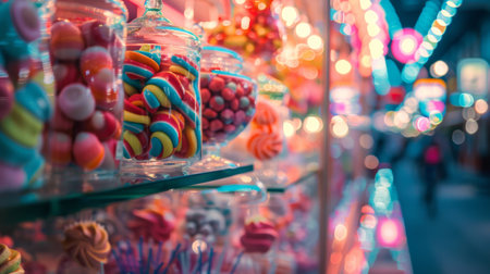 Close-up of colorful candy in jars displayed on a shelf in a vibrant, whimsical setting.の素材