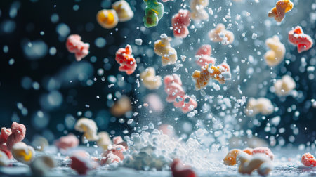 A close-up shot of colorful cereal pieces falling into milk, creating a splash and dynamic movement.の素材
