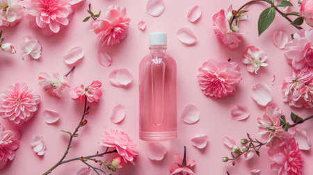 Pink floral arrangement with bottle on a pastel pink background. Ideal for themes of beauty, skincare, and wellness.の写真素材