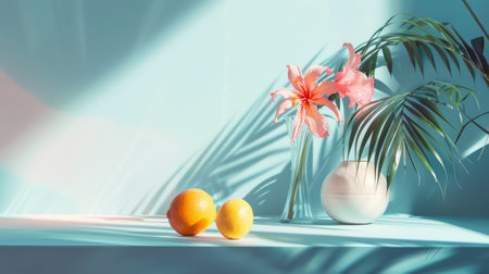 Still life composition with oranges and flowers on a light background. Perfect for themes of freshness, home decor, and art.の写真素材