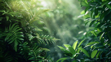 Close-up of lush green foliage illuminated by sunlight, showcasing natural beauty and tranquility.の写真素材