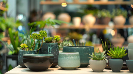 Collection of succulent plants in modern pottery, displayed in a garden shop.の写真素材