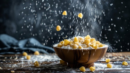Dramatic shot of pasta falling into a wooden bowl of flour, capturing motion and culinary creativity.の写真素材