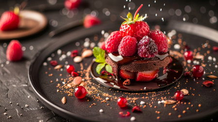 Decadent chocolate dessert topped with fresh berries and nuts, beautifully plated.の写真素材