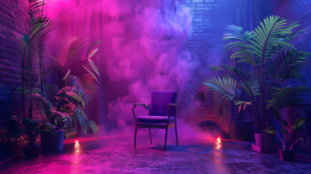 A moody room with vibrant neon lighting and smoke, featuring a chair and potted plants.の写真素材