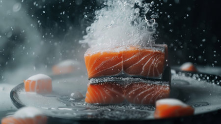 Close-up of fresh salmon fillets with ice, captured in a dramatic and cool setting.
