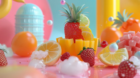 A vibrant arrangement of colorful fruits including strawberries, lemons, and decorative items.の写真素材