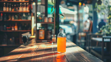 A bottle of beverage placed on a wooden table in a cozy cafe, with a blurred background.の素材