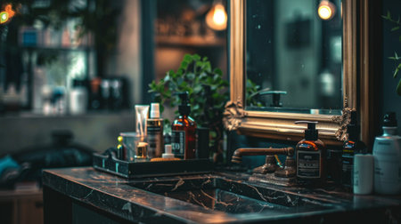 A luxurious bathroom vanity featuring various skincare and grooming products.の素材
