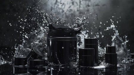 Black skincare containers with water splashing around them on a dark background.の素材