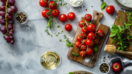 A top view of fresh ingredients including tomatoes, grapes, herbs, and spices on a textured surface.の素材