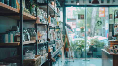 Modern apothecary store interior with shelves filled with various natural products. The bright and inviting environment highlights health and wellness.の素材