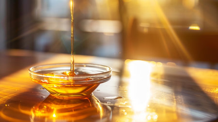 Golden honey pouring into a glass bowl with warm sunlight in the background. The image emphasizes the rich, natural sweetness of honey.の素材