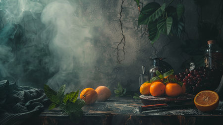 A rustic still life scene featuring oranges, grapes, and mint leaves with a misty background, evoking a mysterious and atmospheric mood.の素材